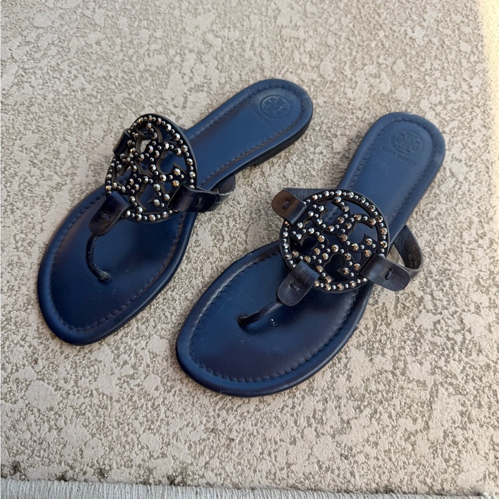 Tory Burch limited Navy Leather Logo Pave Thong Sandals. With dust cover